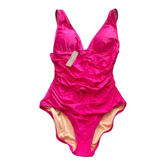 J Crew Fuchsia Hot Pink Ruched V Neck One Piece Swimsuit Bathing Suit NEW - Picture 2 of 11